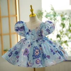 Flower Girls Pageant Dresses for Weddings Luxury Formal Short Evening Gowns Elegant Gala Party Children Holidays Eid Dress Blue