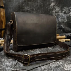 Men's Genuine Leather Messenger Bag A4 Vintage Crazy Horse Leather Shoulder Bag Cowhide Magnetic Flap Laptop Crossbody Bag