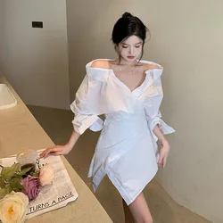 Elegant Korean Dress For Women V Neck Long Sleeve Off Shoulder High Waist Solid Mini Shirt Dresses Female Clothing 2023 Fashion