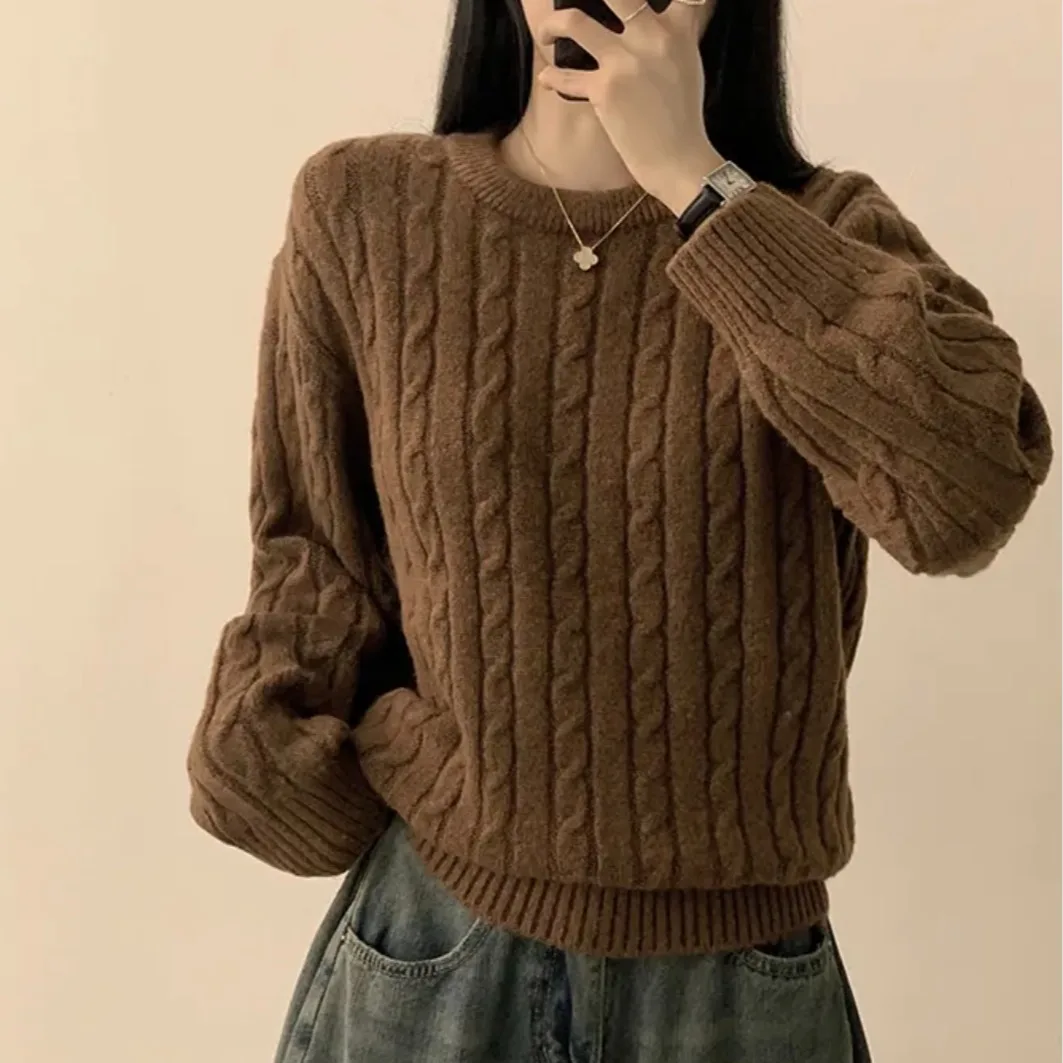 سترة نسائية محبوكة أنيقة بلوفر Ne طويل Sve للتخسيس لون الخريف والشتاء متعدد الاستخدامات تصميم بسيط تريكو