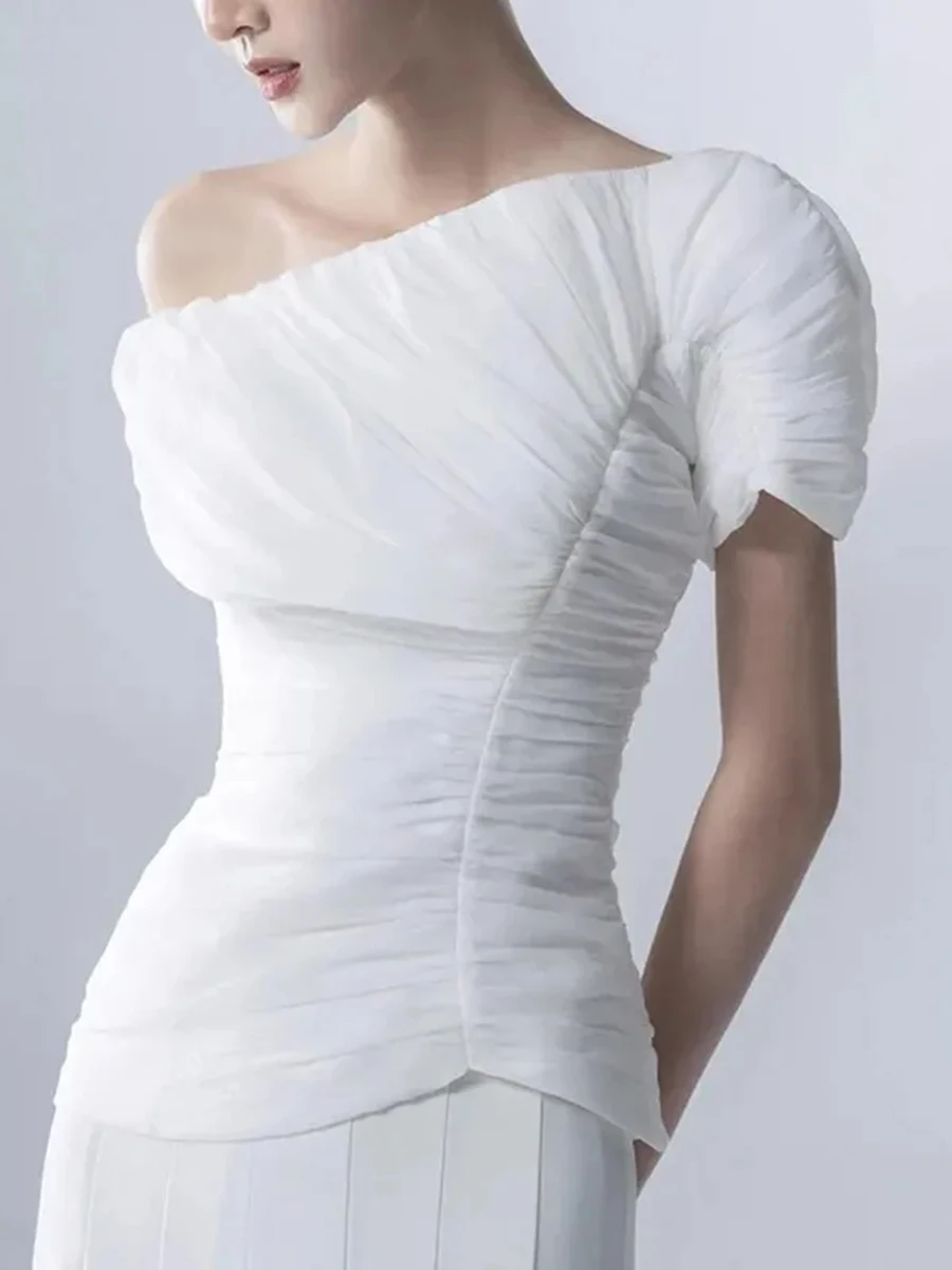 VGH Temperament Solid Two Piece Sets For Women Diagonal Collar Single Shoulder Sleeve Top High Waist Pants Chic Sets Female New