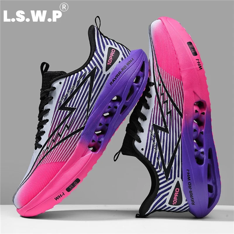 Men's Running Shoes, Tennis Shoes, New Hollow Particle Cushioning Running Shoes for Men and Women, Gradient Stripe Fly-Knit Breathable Upper, Lightweight Non-Slip Professional Racing Running Shoes, Student Fitness Test Jogging Casual Sports Shoes