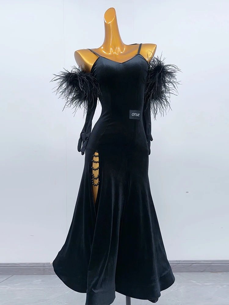 블랙 볼룸 댄스 드레스 여성 현대 표준 댄스 공연 복장 왈츠 경연 대회 옷 민소매 롱 드레스 2473