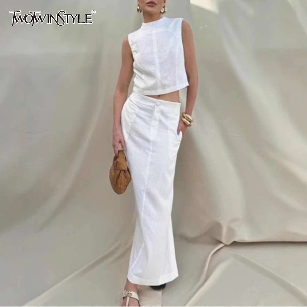 

TWOTWINSTYLE Solid Two Piece Set for Women O Neck Sleeveless Top High Waist Temperament Skirt Sets Female Fashion Style