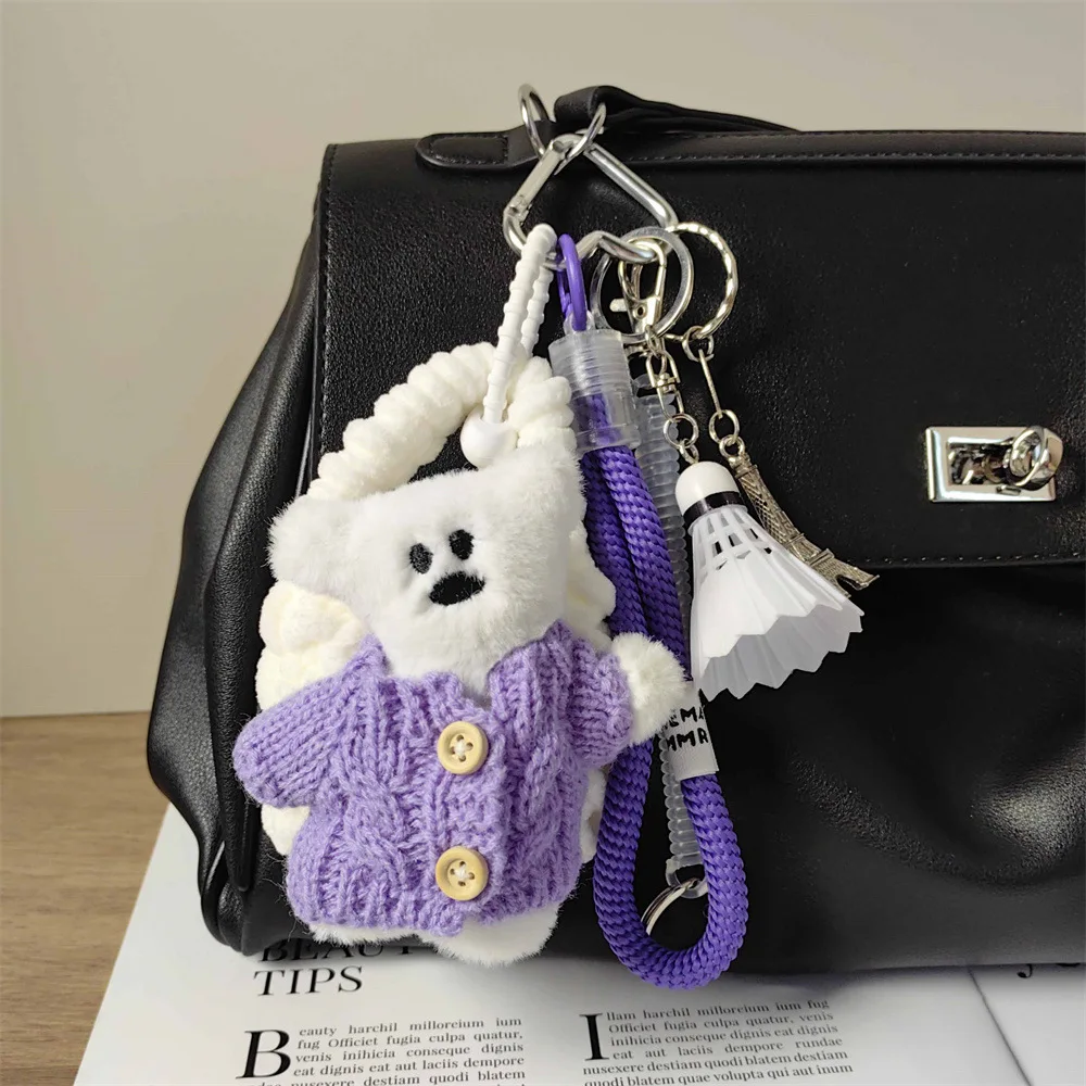

New Cute White Teddy Bear Handwoven Earphone Bag Badminton Keychain Purple Girls Bag Pendant Fashion Bag Parts Accessories