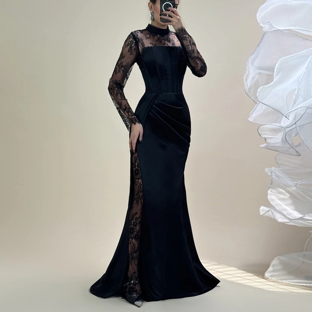 Sukienki wieczorowe damskie w kształcie litery A, do ziemi, z wysokim dekoltem, z długim rękawem, suknie balowe, modne, koronkowe, plisowane, proste, drapowane, szyte na miarę.