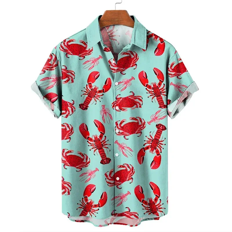 Camisa havaiana masculina estampada em 3D, padrão marisco, manga curta, tamanho grande, férias de verão, casual masculina moda praia