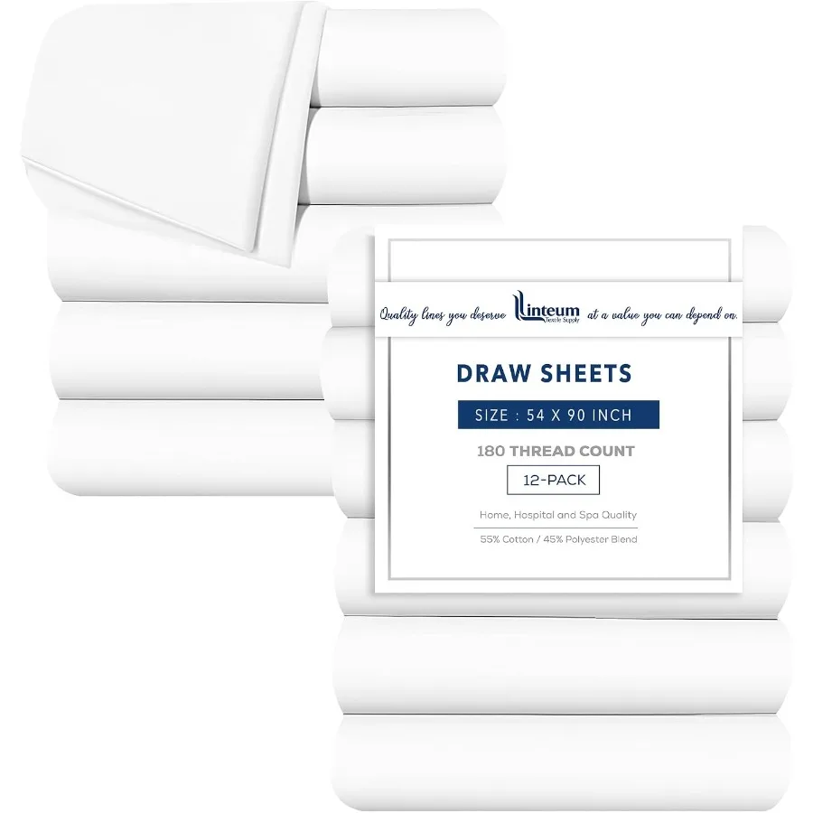 Linteum Textile White Draw Sheets 54x90 Inch Bulk Pack 180 Thread Count Poly-Cotton Flat Sheets for Hospitals, Clinics, Nursing