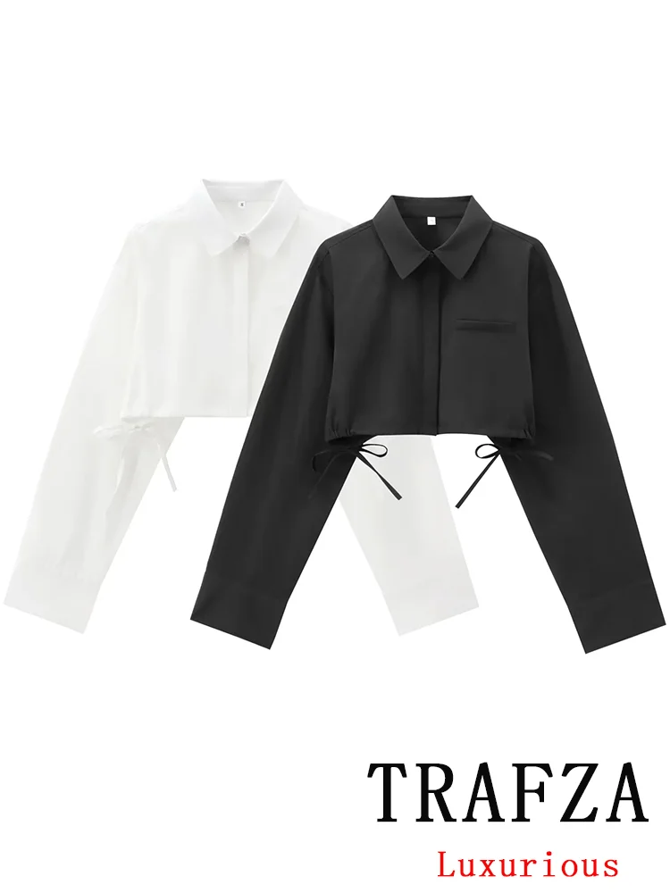 TRAFZA Vintage Casual Chic Women Blouse Solid Long Sleeve Drawstring Single Breasted Slim Short Blouse Fashion 2024 Autumn Tops