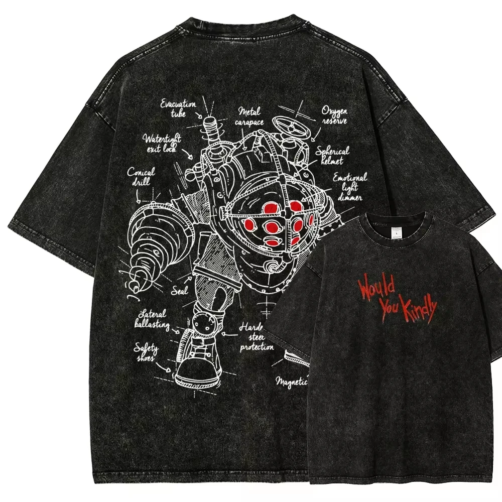 Klassisches Retro-Shooter-Spiel Bioshock Grafik-Print T-Shirt für Männer und Frauen Neues Harajuku Übergroßes Unisex-Paar-T-Shirt im Used-Look – Detail 2