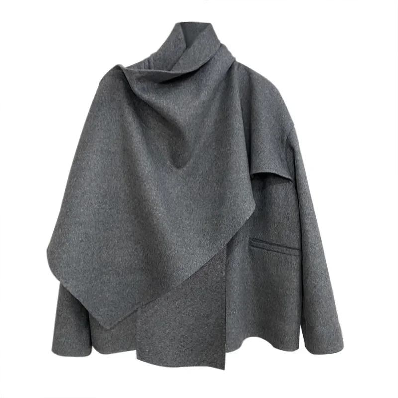 High Quality Both Side 3 Colors Options Long Sleeve Designed Scarf Collar Winter All Match Women Wool Solid Cape Coat