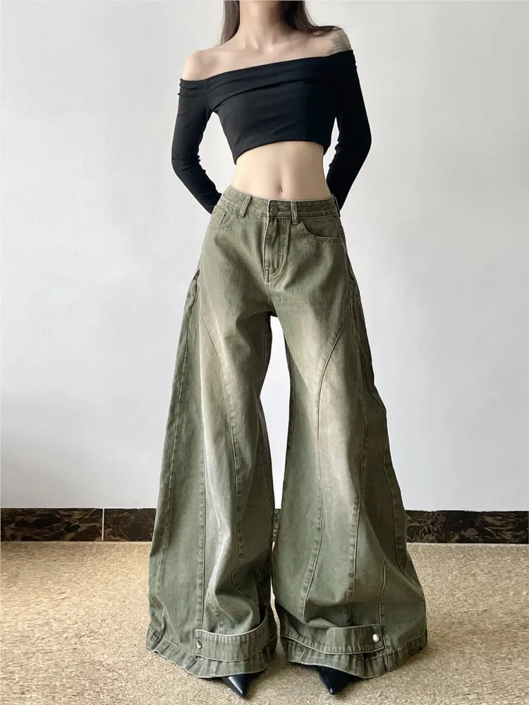 

Американская женская одежда, расклешенные джинсовые брюки с высокой талией, однотонные свободные брюки в стиле ретро, простой уличный стиль, универсальные, повседневные, модные