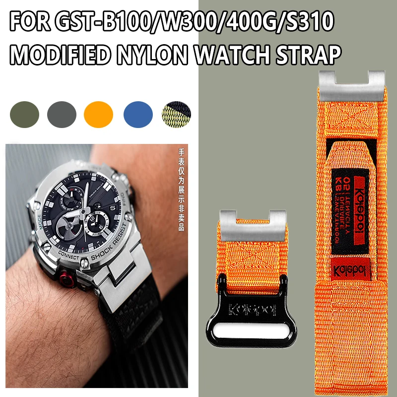 

For Casio Steel Heart GST-B100/W300/400g/S310 Loop Buckle Modified Nylon Watch Strap Steel metal adapter Men's Canvas Watchband