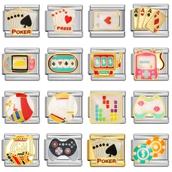 Y2k Colorful Poker Board Games Console Chip Italian Charm Links Fit 9mm Stainless Steel Bracelet Fashion Making Beads Wholesale