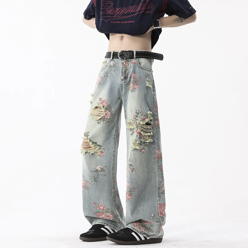 Spring/Summer Men's Flared Denim Jeans, Jacquard Casual Pants, American High Street Fashion Denim Pants