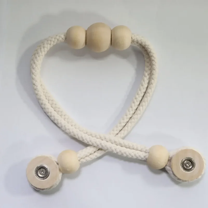 2pcs Magnetic Curtain Tiebacks with Natural Wood Beads, Braided Cotton Holdbacks for Nordic Home Decor