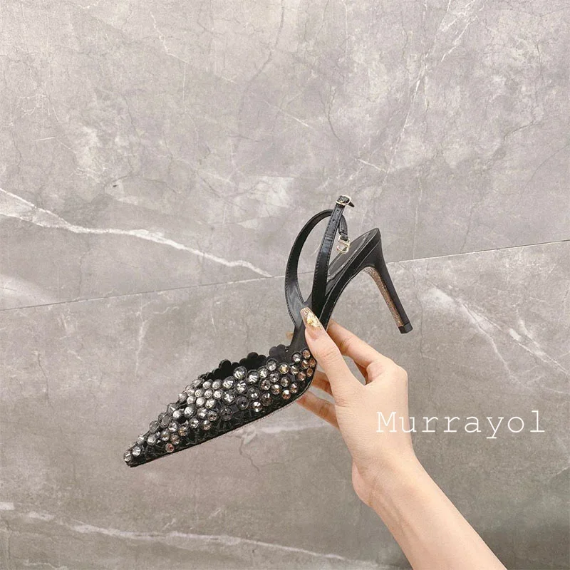 Nuevas Sandalias de tacón alto fino con decoración de diamantes de imitación, Sandalias de mujer de cuero genuino con punta cerrada, zapatos de vestir de fiesta de verano