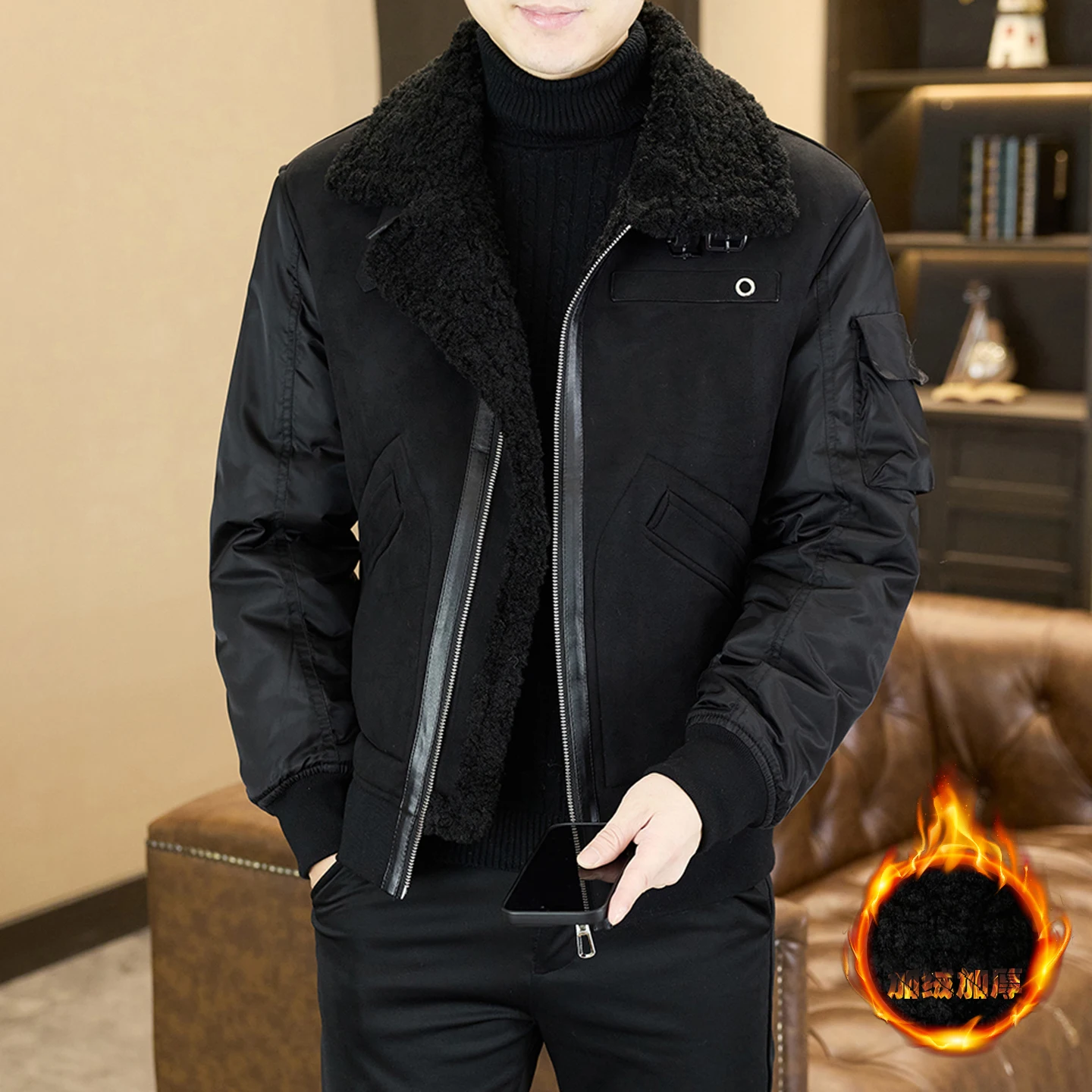 

A new high-quality, fashionable, casual and stylish men's fur one-piece, fleece and thickened fur collar leather jacket with a l