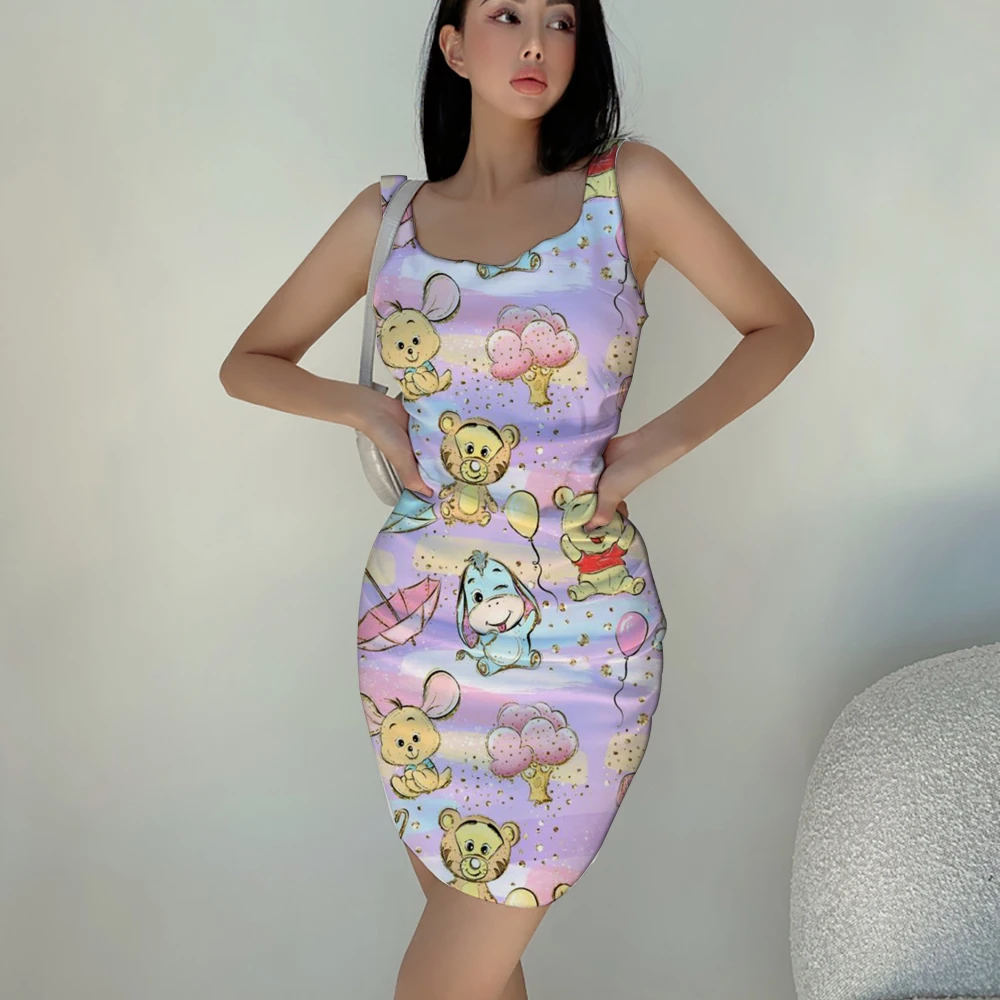 Minnie and Winnie the Pooh Anime Summer New Sexy Nightclub Party Disney Brand 3D Printed Fashion Women\'s Trend Slim Sling Dress