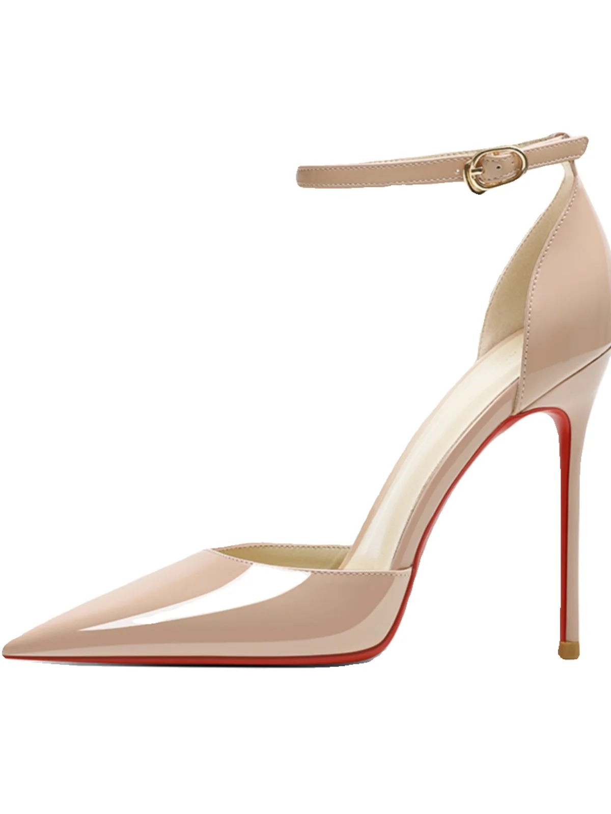 Naked high heels, women's slim heels, new sexy one-piece buckle strap, fashionable pointed hollow red sole single shoe