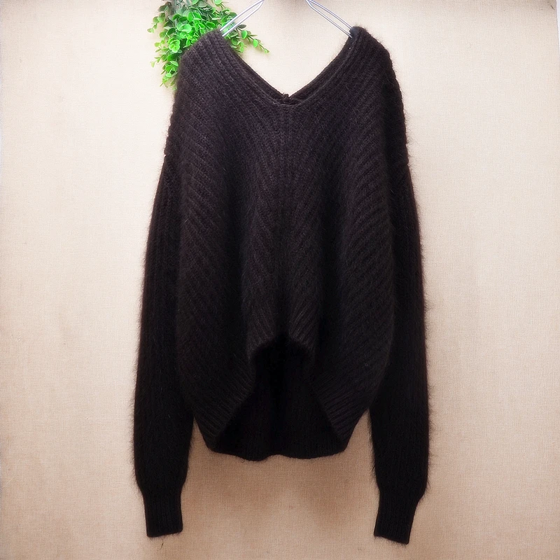 

525 Women Autumn Winter Clothing Hairy Striped Angora Rabbit Hair Knitted Split Turtleneck Sleeveless Pullover Sweater Vest