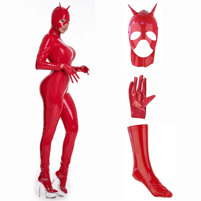 Wet look full body women latex catsuit costumes mask gloves socks kit zip-around long sleeve open crop PVC leather jumpsuit