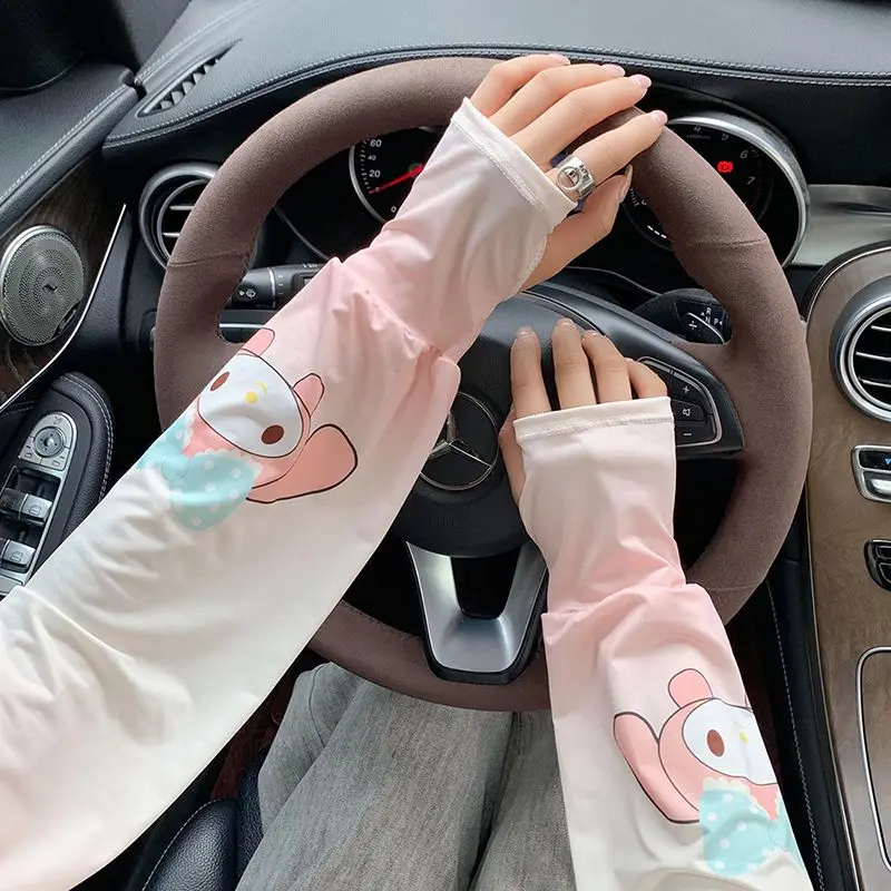 My Melody Summer Cute Loose Ice Silk Sleeves Outdoor Drive Riding Sun Protection Sleeves Woman Breathable Cool Down Ice Sleeves