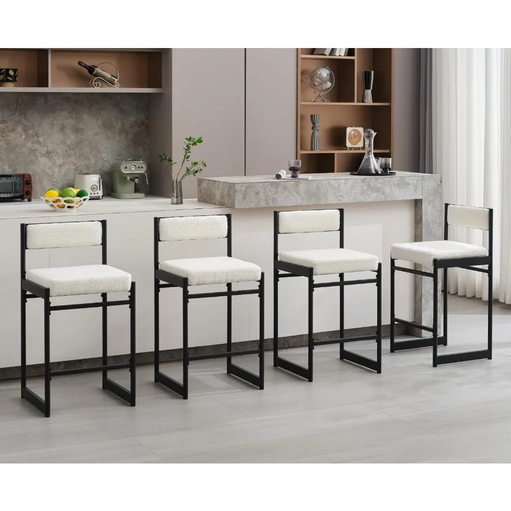 

Modern Counter Height Bar Stools Set of 4 Boucle Barstools with Upholstered Back/Metal Base Bar Chairs Industrial Fabric Counter