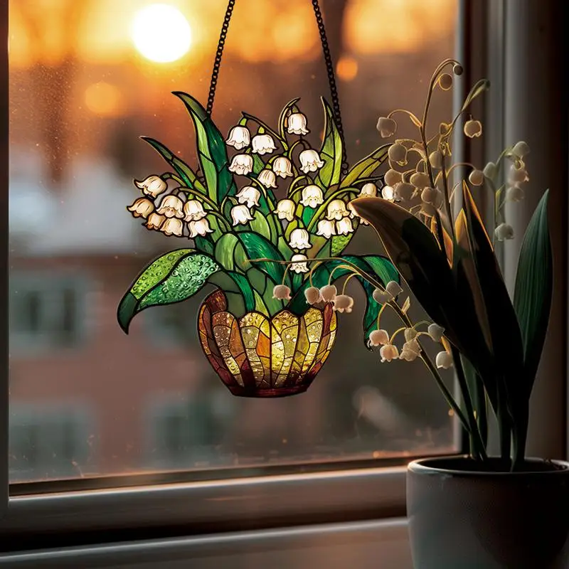 Lily Of The Valley Sun Catcher Flower Window Catcher Wall Art Decor Sun Catcher With Chain Floral Sign For Outdoor Porch Kitchen