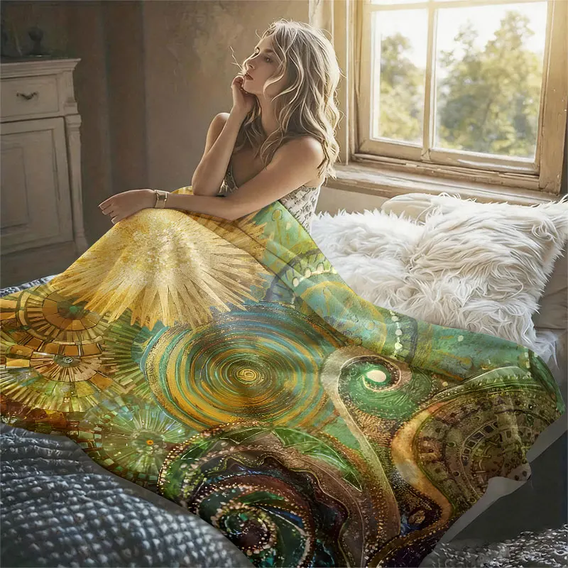 Mosaic Spirals Sun Gold Flannel Blanket Perfect for Sofa Office Bed Travel Sleep Read Relax Camping Four Season Use