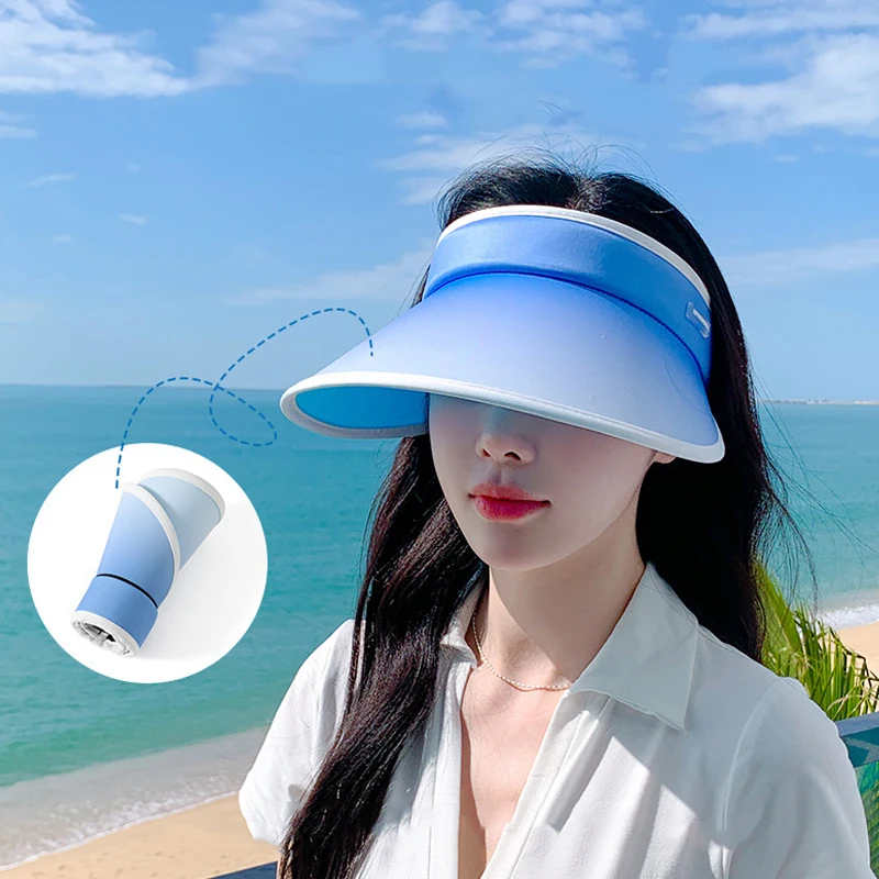 Women Summer Sun Hat Big Brim Empty Top Ponytail Cap Outdoor Beach UV Protection Sunscreen Hats Girl Folding Visors