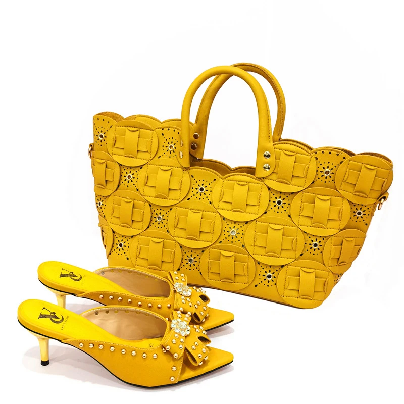 2024 New Arrivals Fashionable African Women Shoes Matching Bags Set in Yellow Color Comfortable Heels with Platform for Wedding