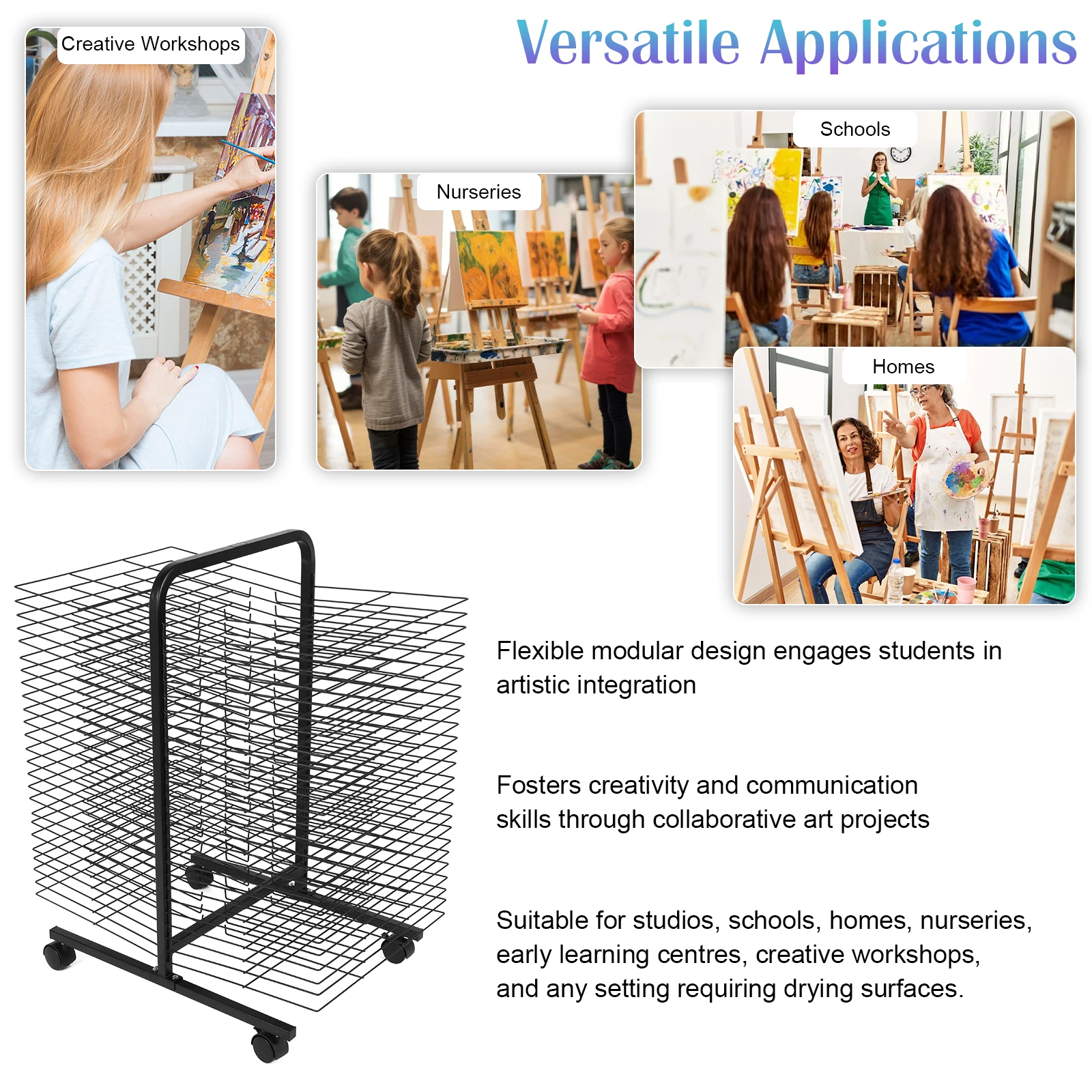 50 Floors Rolling Art Rack Cart Double Sided Mobile Metal Art Storage Rack with Wheels Paint Drying Rack for Painting Artwork
