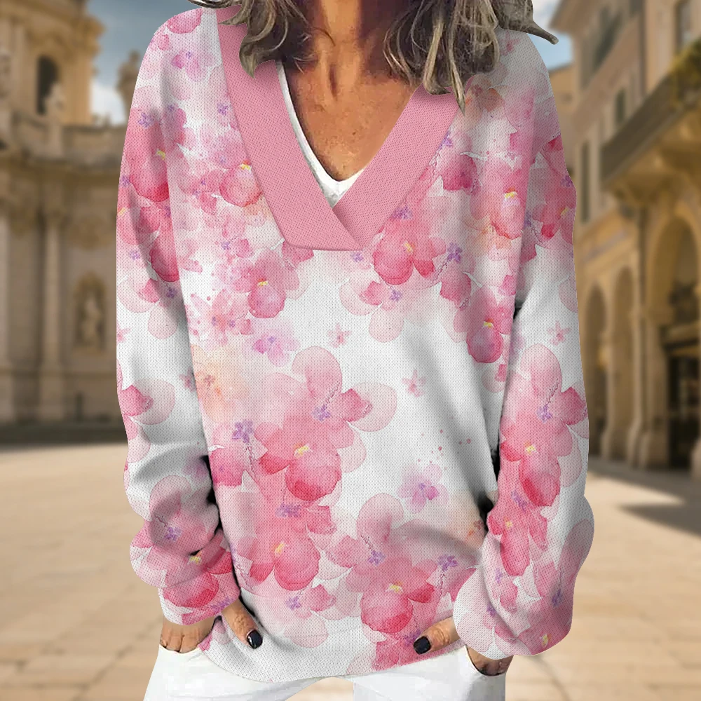 Felpa floreale Boho da donna Elegante pullover a maniche lunghe con scollo a V con fiori rosa blu Streetwear vintage Top oversize accoglienti
