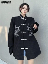 KOSAHIKI Chinese Style Vintage Button Blouse Women Dragon Embroidery Black Shirt  Y2k Aesthetic Harajuku Blusas Streetwear