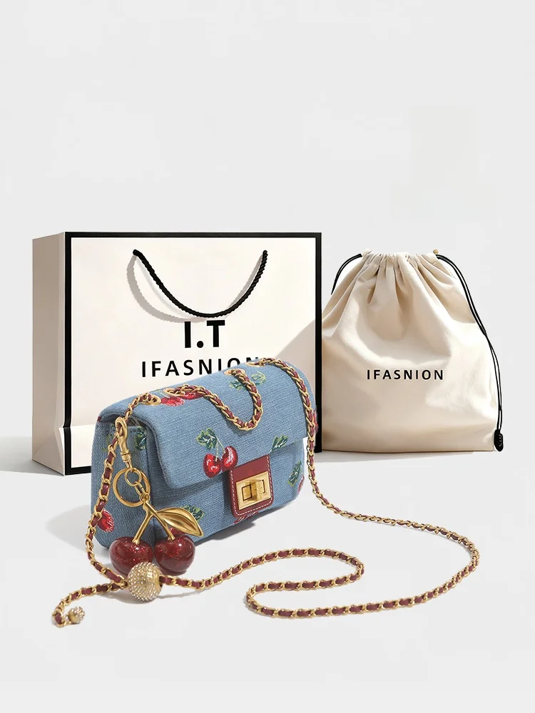 Elegant Embroidered Denim Crossbody Bag Single Shoulder Women's Fashion Cherry Pattern Hard  Casual Handbag IT Brand