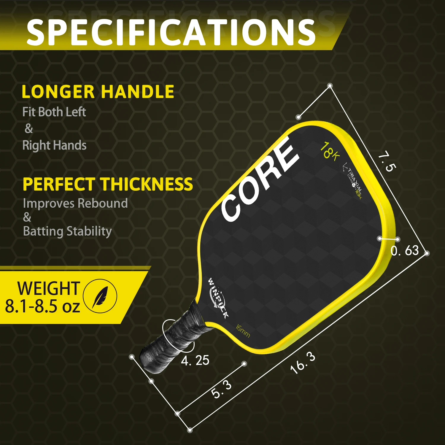 WINPICK Pickleball Paddles 18K Raw Carbon Fiber T700 Surface USAPA Approved 16mm for Spin & Control Paddle Racket Thermoformed