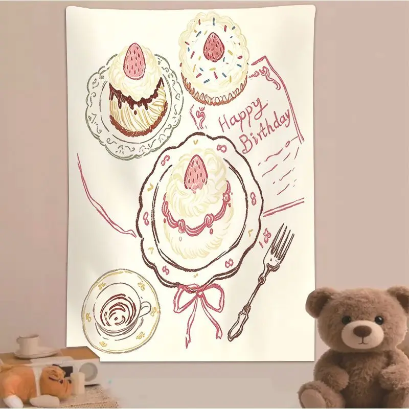 VIKAMA Cherry Cake Drawing Tapestry, Food Illustration Wall Hanging for Bedroom Kitchen Dining Decor