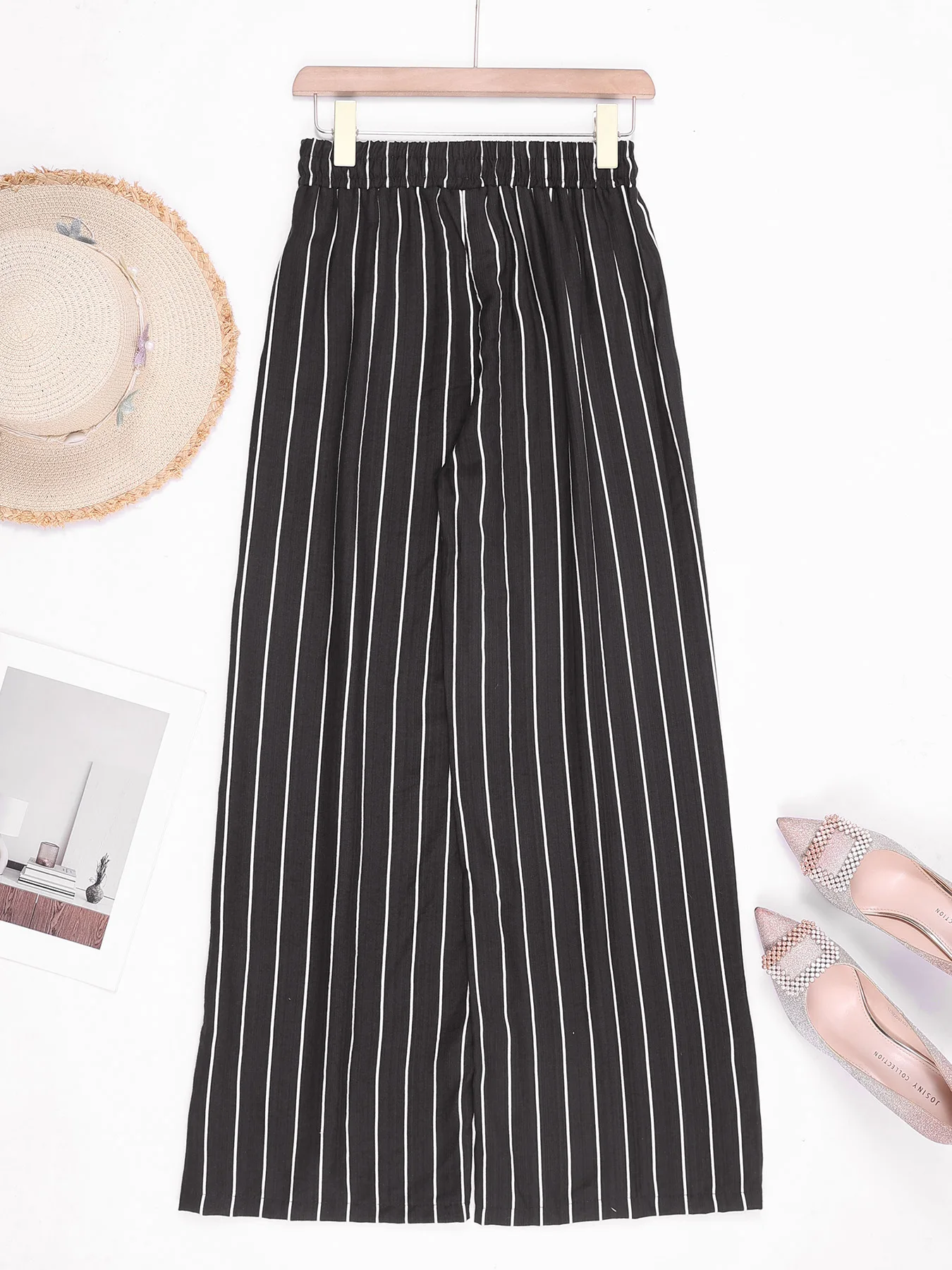 Gestreiftes zweiteiliges Outfit für Damen, ärmelloses Tanktop mit Knöpfen und elastische Hose mit weitem Bein und Kordelzug, lässiger Urlaubskostüm – Detail 29
