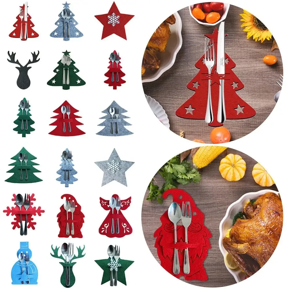 Christmas Cutlery Holder Knife and Fork Pocket Bag Cutlery Cover Star Tree Elk New Year Christmas Party Dinner Table Decoration