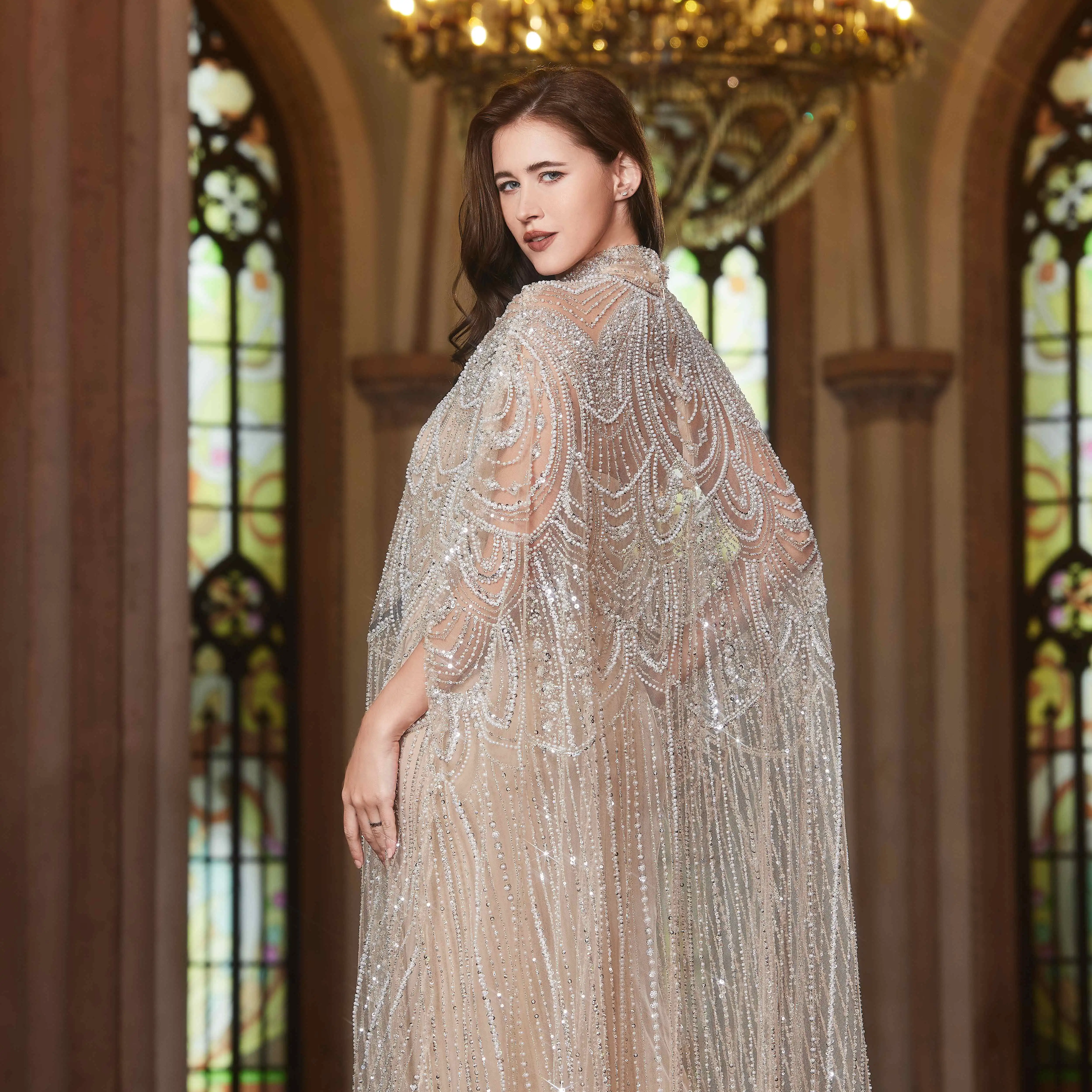 Alice CollectionPro Nude Luxurious Women's Evening Dresses  2025 with Cape Elegant Wedding Party Dress Customized image 2