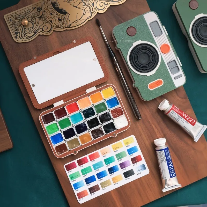 Retro Camera Series 24colors 1ml Holbein Watercolor Subpackage Box Student Outdoor Sketch Painting Palette Portable Art Supplies