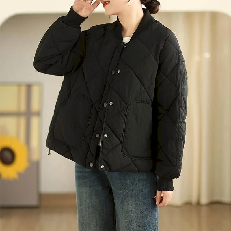 Pop Quilted Coats For Women Solid Lightweight Cotton-padded O-neck Jackets Long Sleeve Casual Single Breasted Thick Women Clothi
