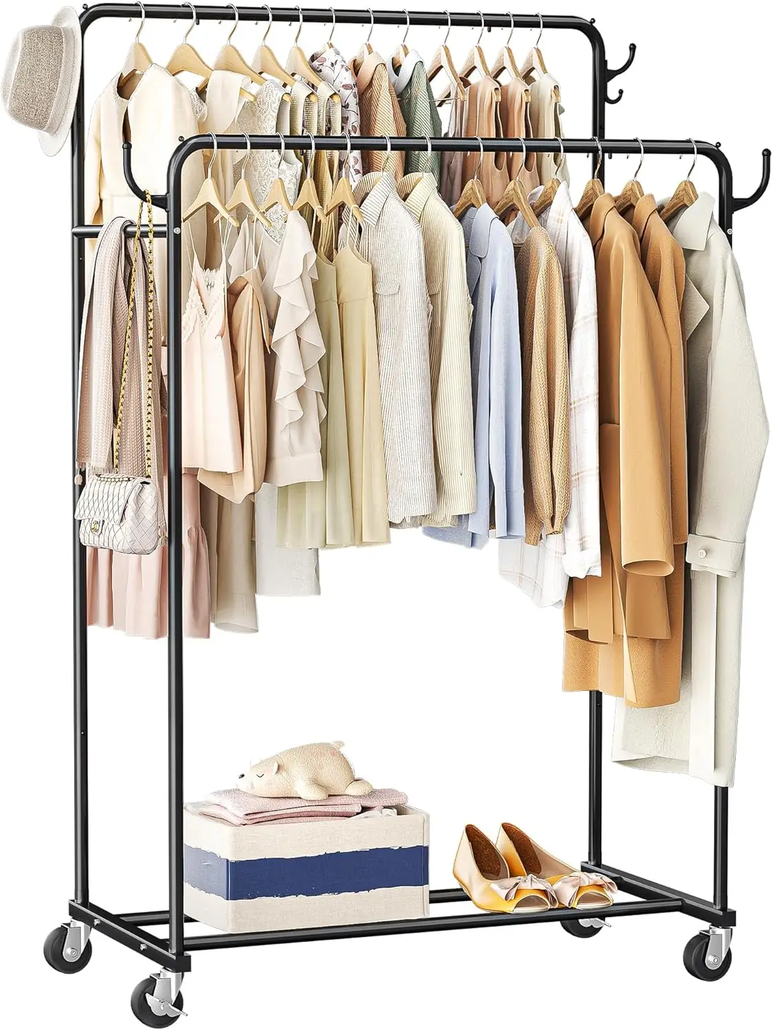 

Clothes Rack, Rolling Clothing Rack with Double Rods for Hanging Clothes, Portable Garment Rack with Wheels, Metal Wardrobe C