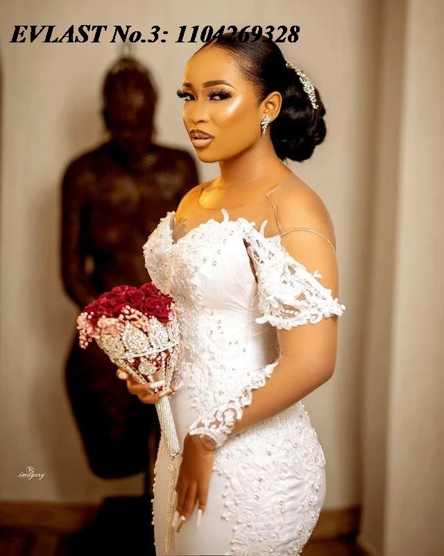 EVLAST Personalizzato Africano Sexy Arabo Sirena Abito Da Sposa In Pizzo Applique Lucido Perline Abito Da Sposa Abiti Da Sposa E3W24