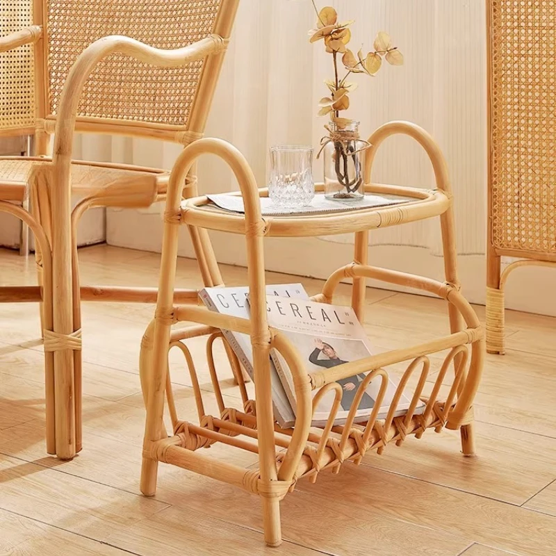 Handwoven Rattan Coffee Table with Hexagonal Eyelet Technique, Round Natural Fiber Side Table for Bohemian Home Decor