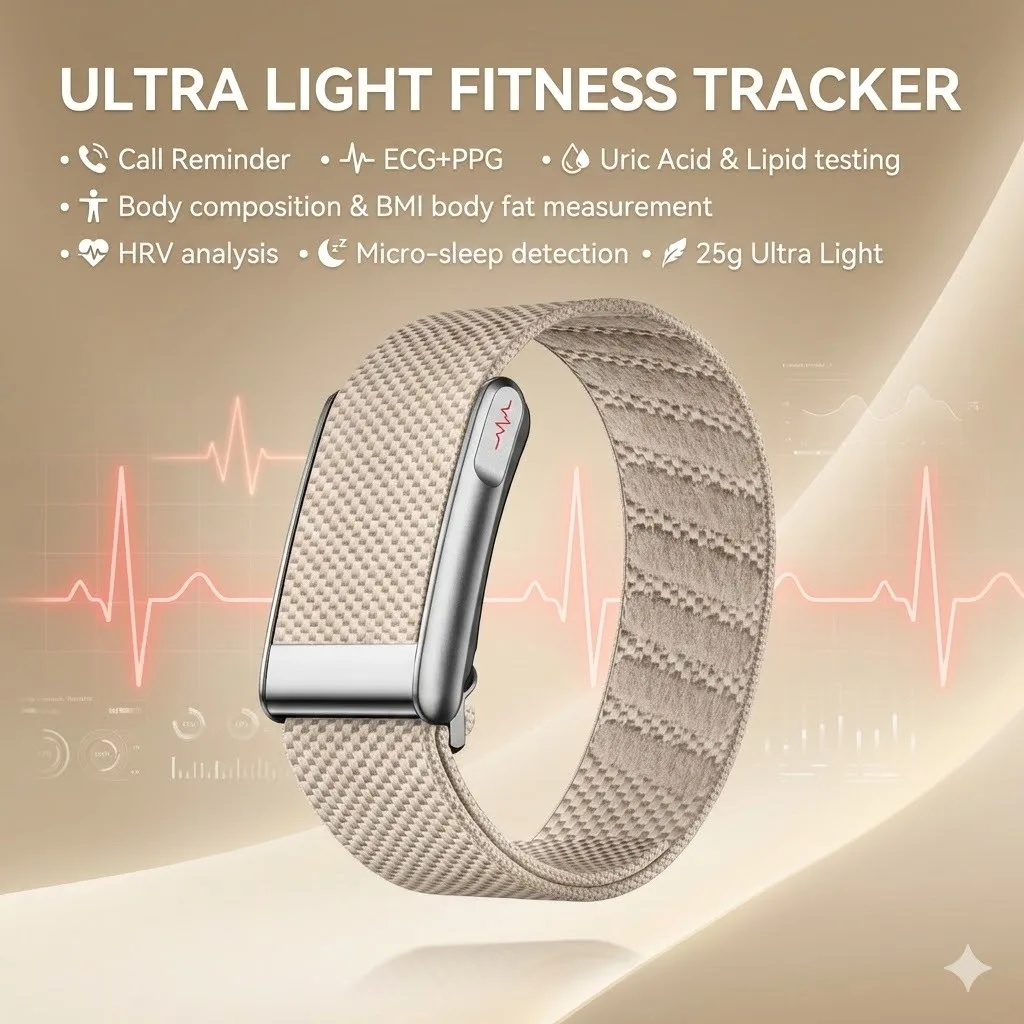 

25g Ultra-Light Fitness Tracker ECG Smart Health Band Uric Acid Body Fat Bracelet Body Temperature SpO2 Screenless Smart watch