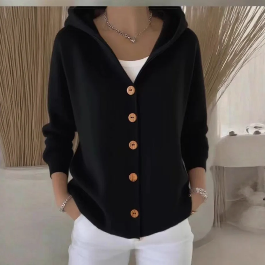Women Hooded Knit Cardigan Long Sleeve Loose Work Sweater Coat Casual Solid Outerwear Single Breasted Jacket Autumn Winter 2026