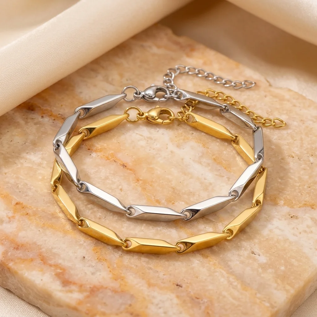 Faceted Bar Link Bracelet Titanium Steel Hypoallergenic Long Rectangle Stick Chain Stackable Wrist Jewelry