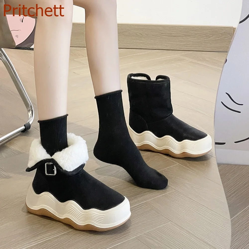 Botas femininas grossas de dedo redondo, panturrilha média, cor mista, fivela de cinto de pele, slip on, sapatos casuais de inverno quente, recém-chegados, 2023